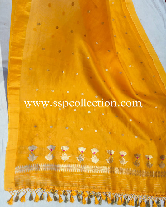 Orange Pure Kora Silk Banarasi Dupatta