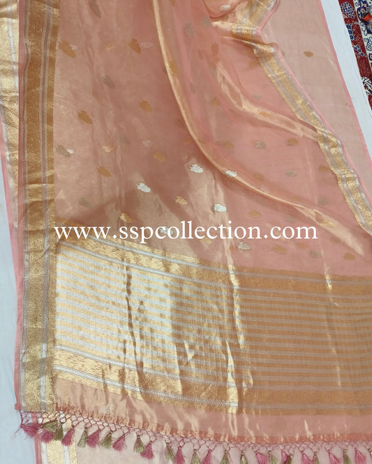 Rose-Pink Pure Tissue Silk Banarasi Saree