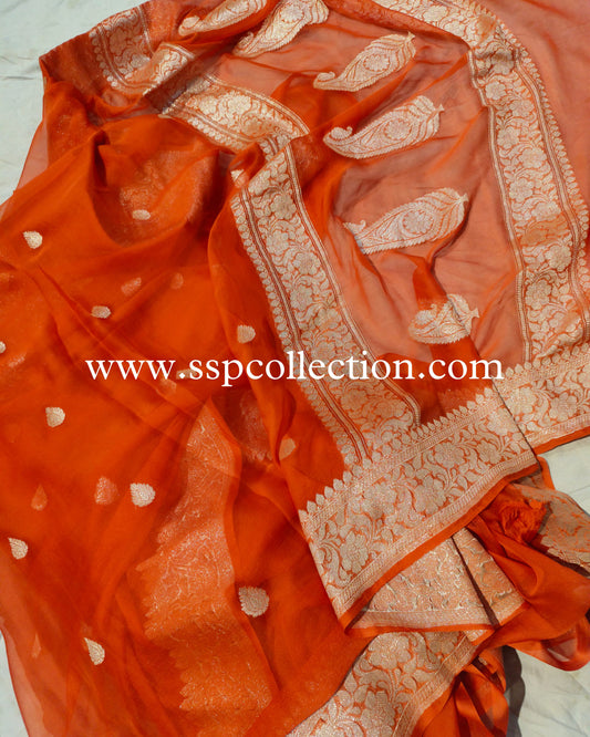 Burnt-Orange Pure Khaddi Chiffon Banarasi Saree