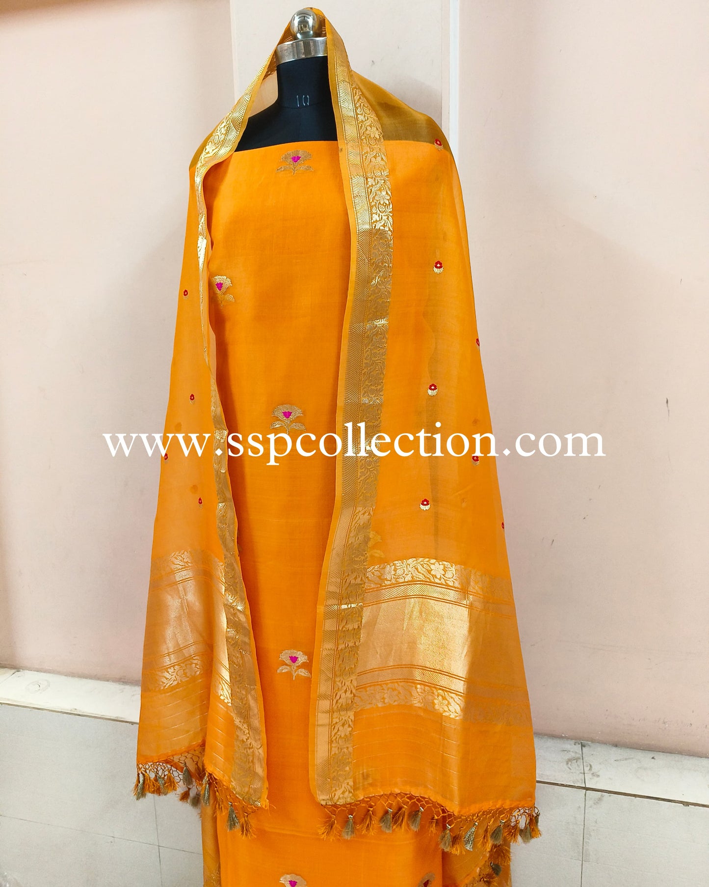 Fanta-Orange Pure Kora Silk Banarasi Suit