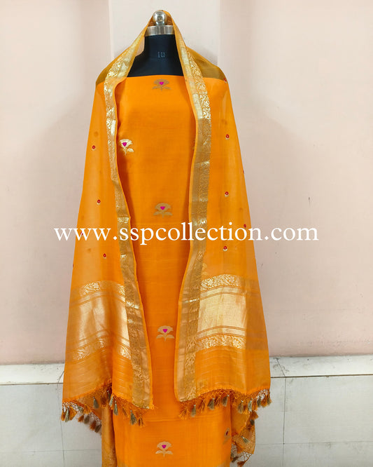 Fanta-Orange Pure Kora Silk Banarasi Suit