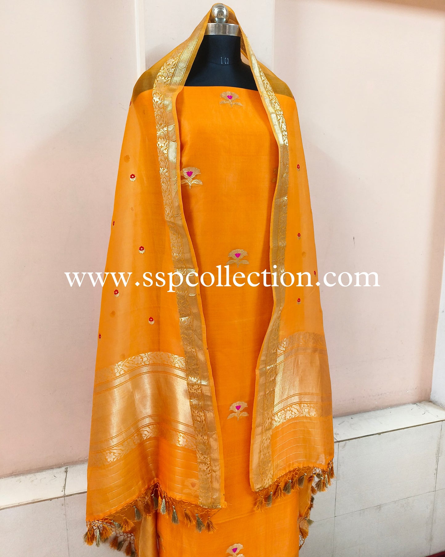 Fanta-Orange Pure Kora Silk Banarasi Suit
