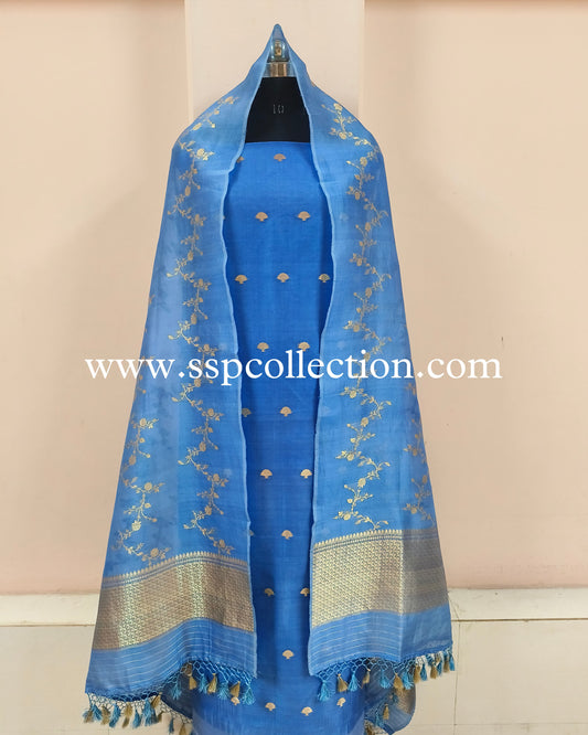 Sky-Blue Pure Kora Silk Banarasi Suit