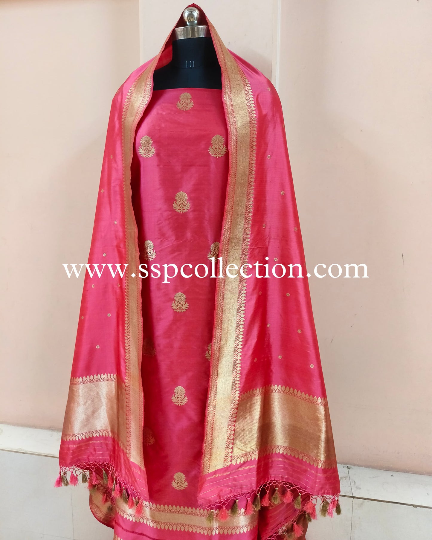 Pinkish Red Pure Katan Silk Banarasi Suit