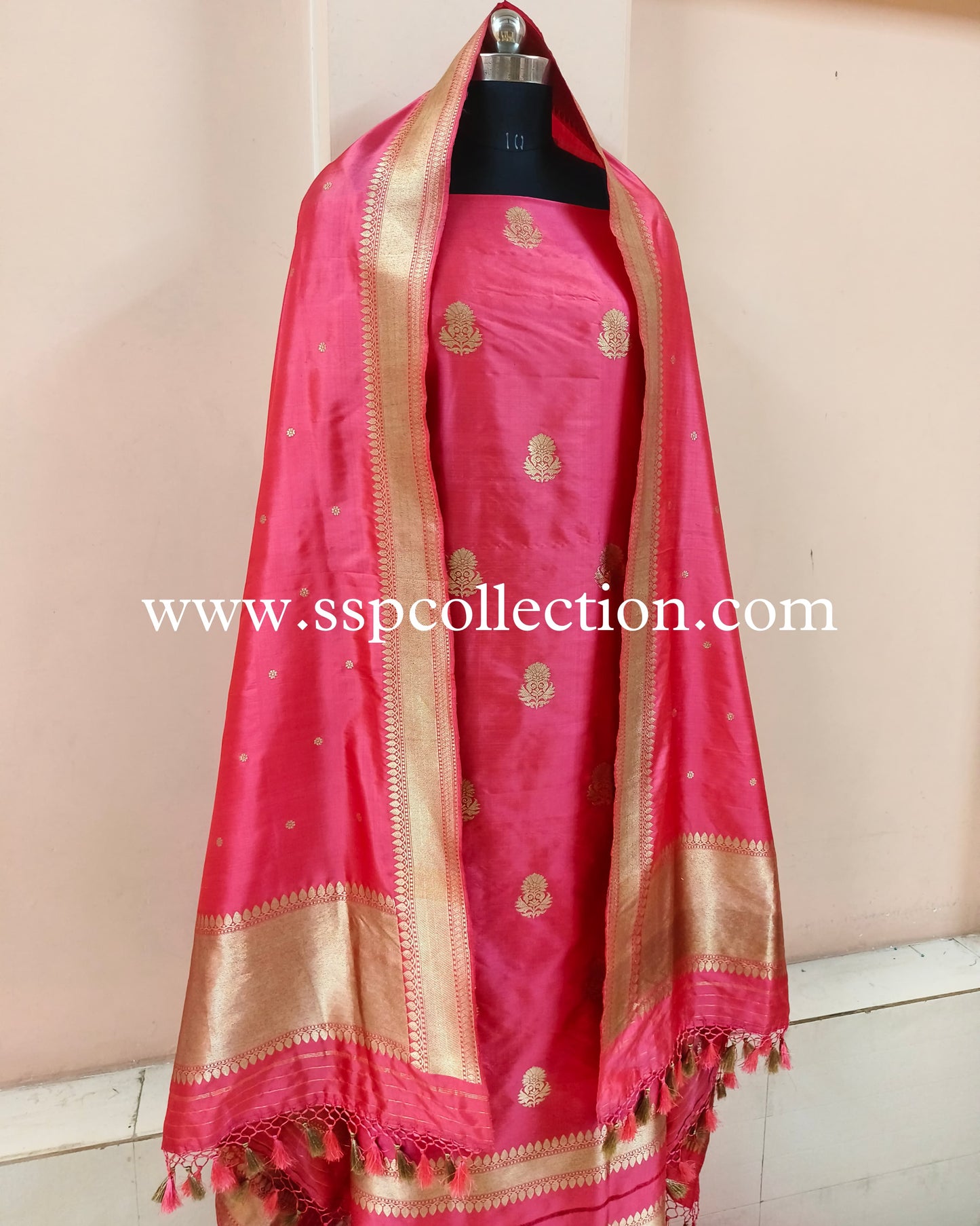 Pinkish Red Pure Katan Silk Banarasi Suit