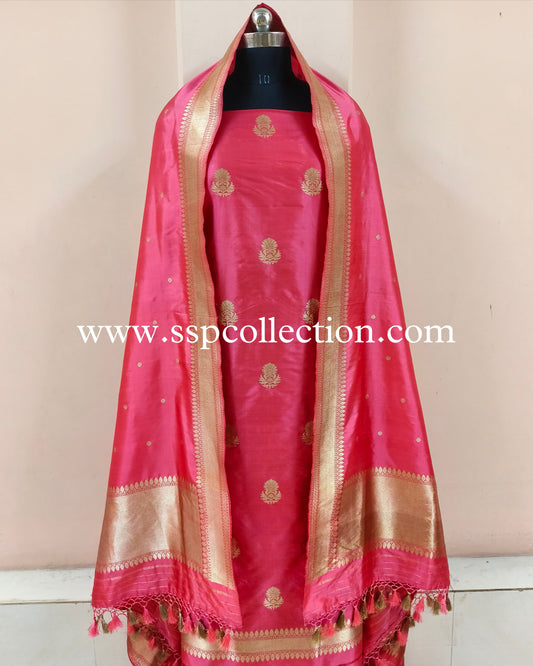 Pinkish Red Pure Katan Silk Banarasi Suit