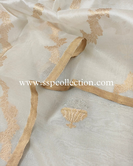 White Pure Kora Silk Banarasi Suit