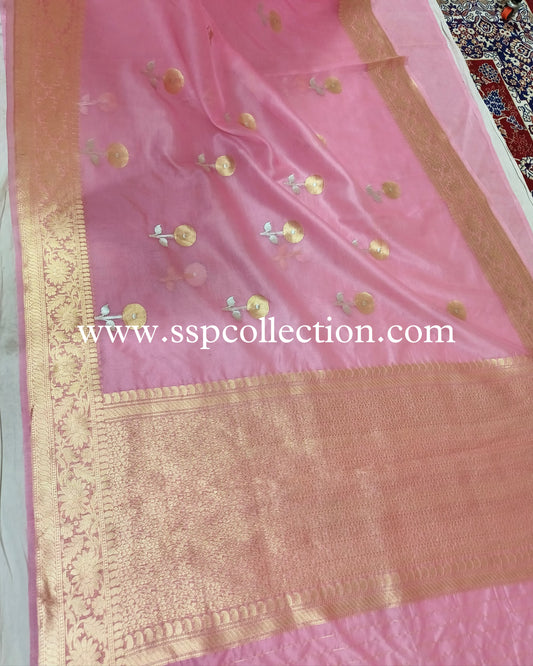 Rose-Pink Pure Kora Silk Banarasi Saree