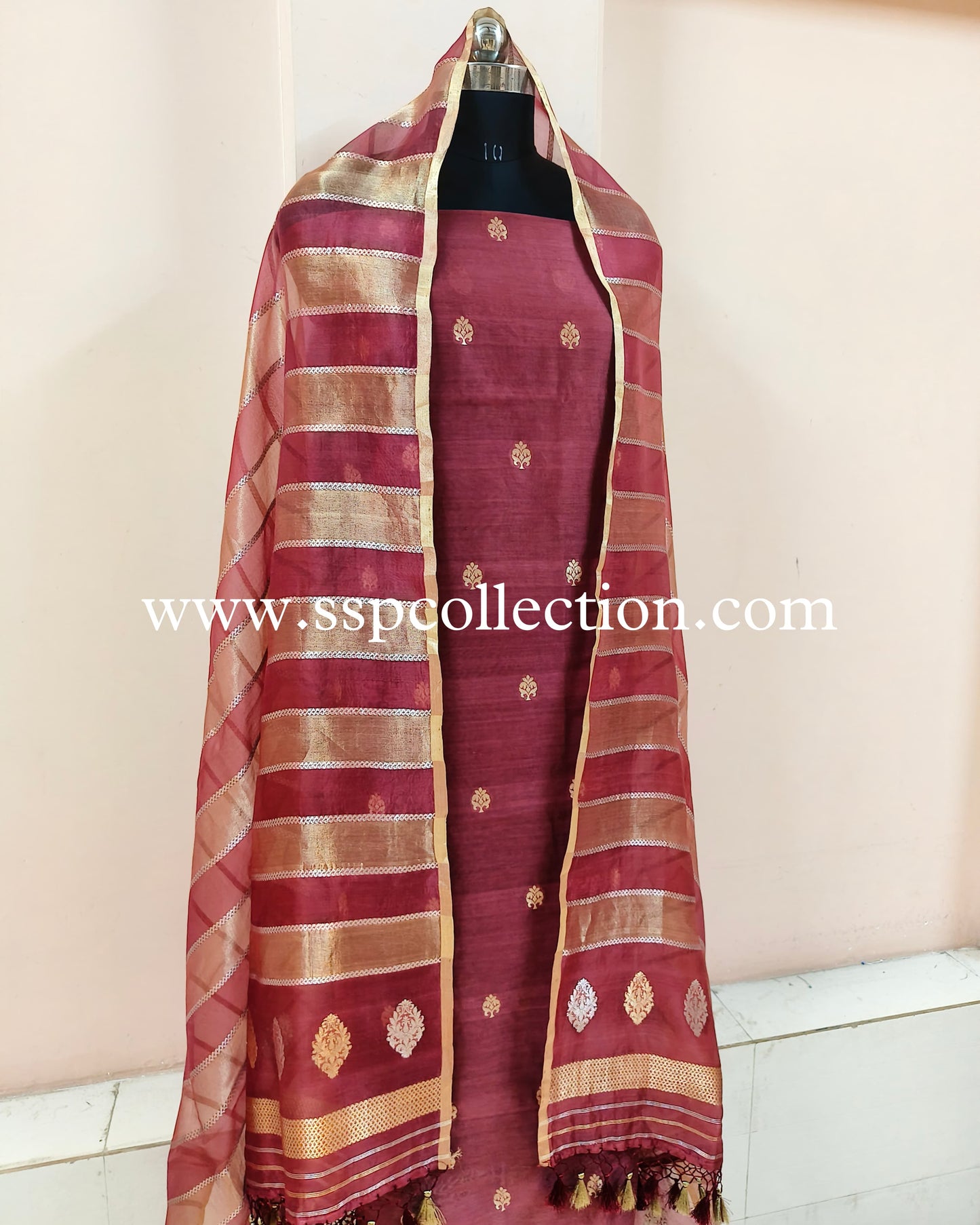 Dark-Rose Handwoven Pure Banarasi Suit