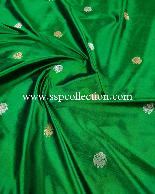 Irish-Green Pure Katan Silk Banarasi Fabric