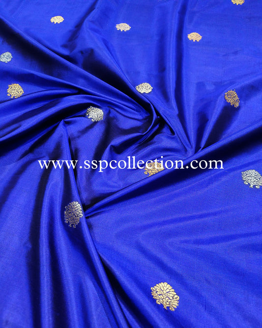 Royal-Blue Pure Katan Silk Banarasi Fabric