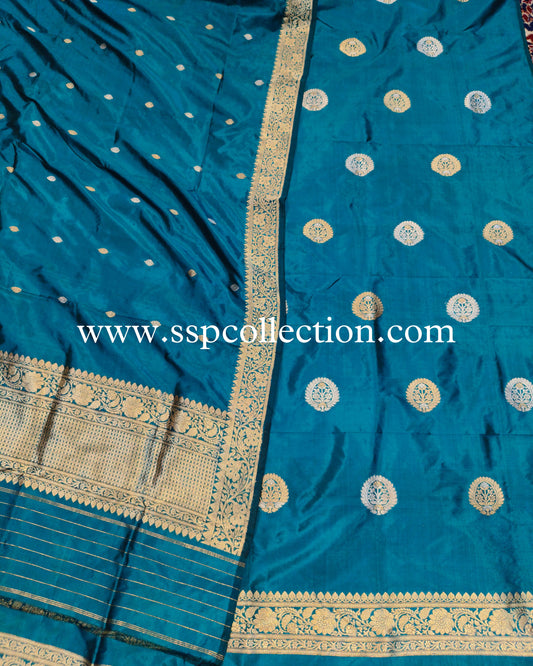 Peacock-Blue Pure Katan Silk Banarasi Suit
