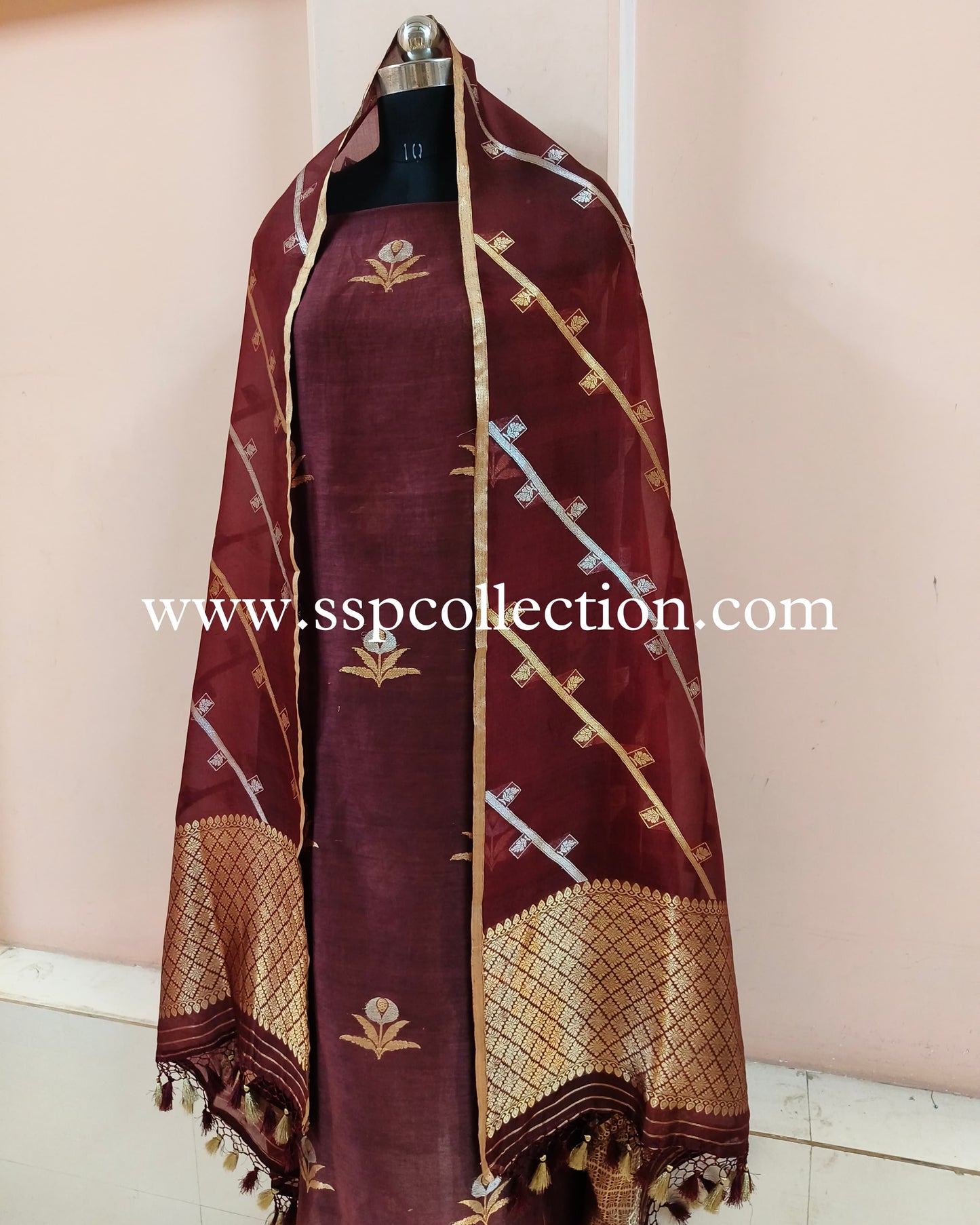 Dark-Maroon Pure Handwoven Banarasi Suit