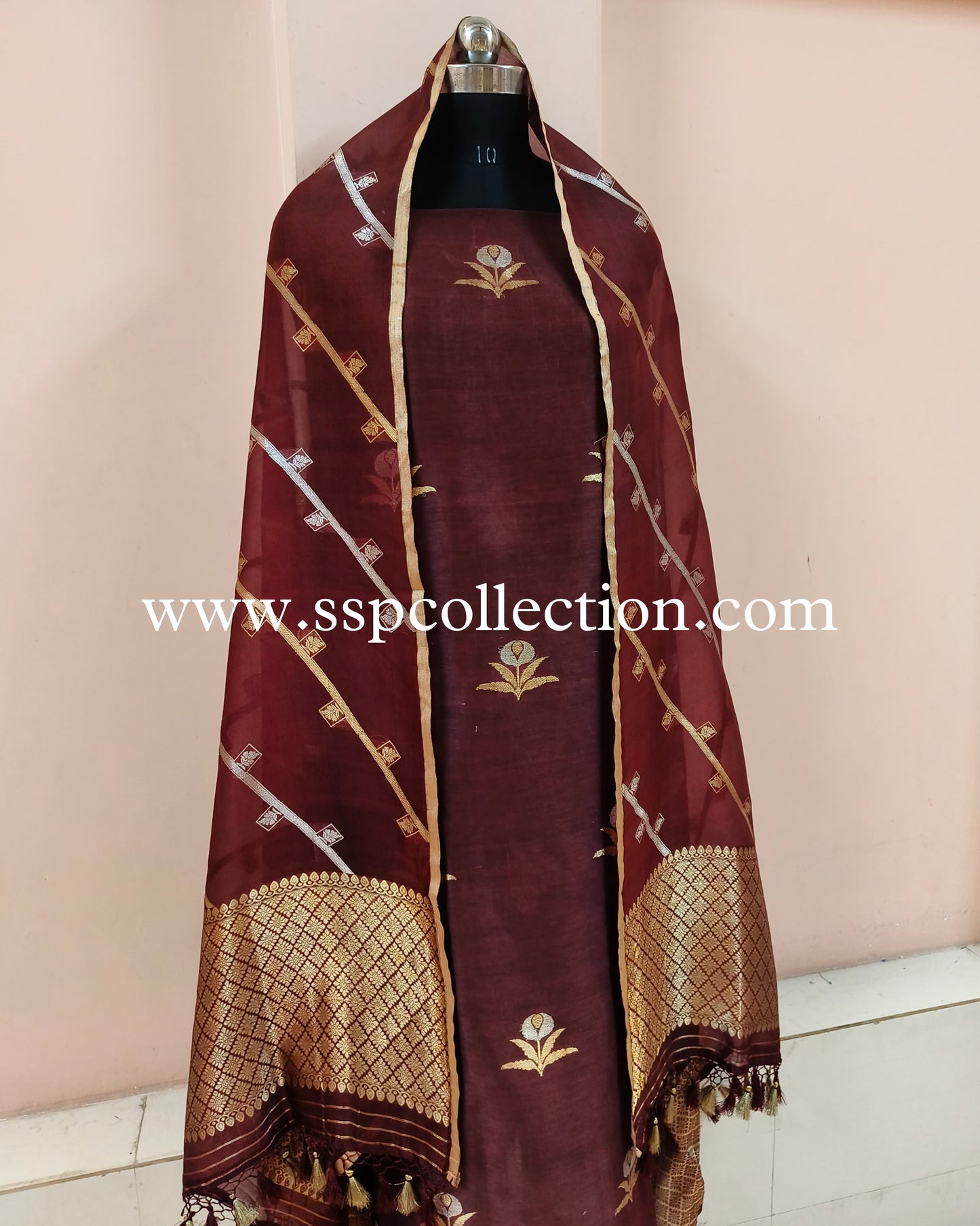 Dark-Maroon Pure Handwoven Banarasi Suit