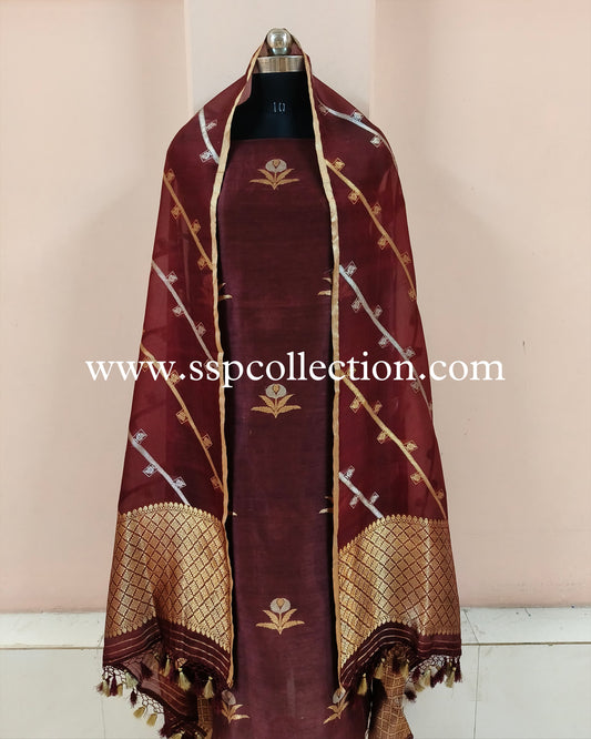 Dark-Maroon Pure Handwoven Banarasi Suit