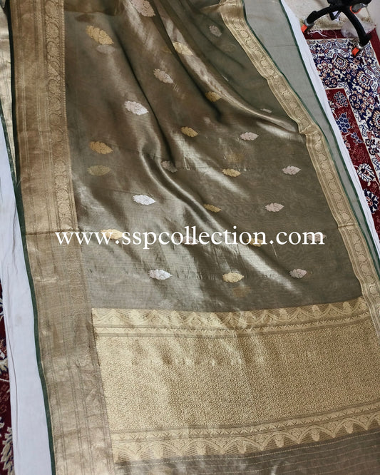 Bottle-Green Pure Tissue Silk Banarasi Saree
