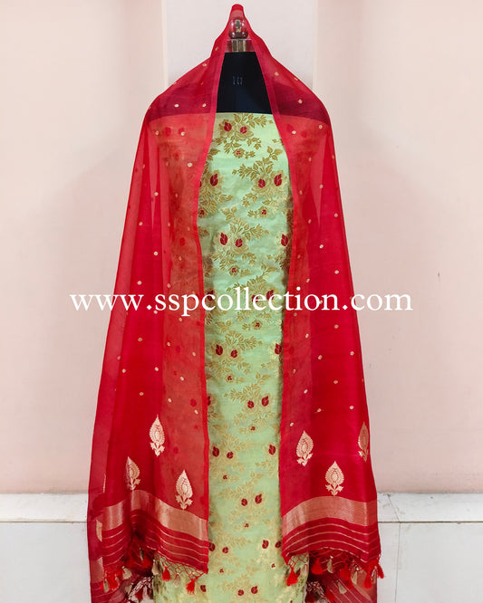 Green-Red Contrast Premium Banarasi Suit