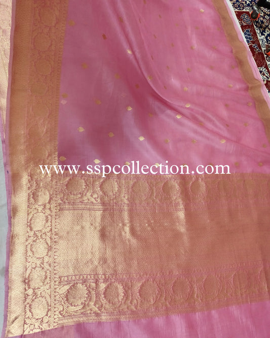Turkish-Rose Pure Kora Silk Banarasi Saree