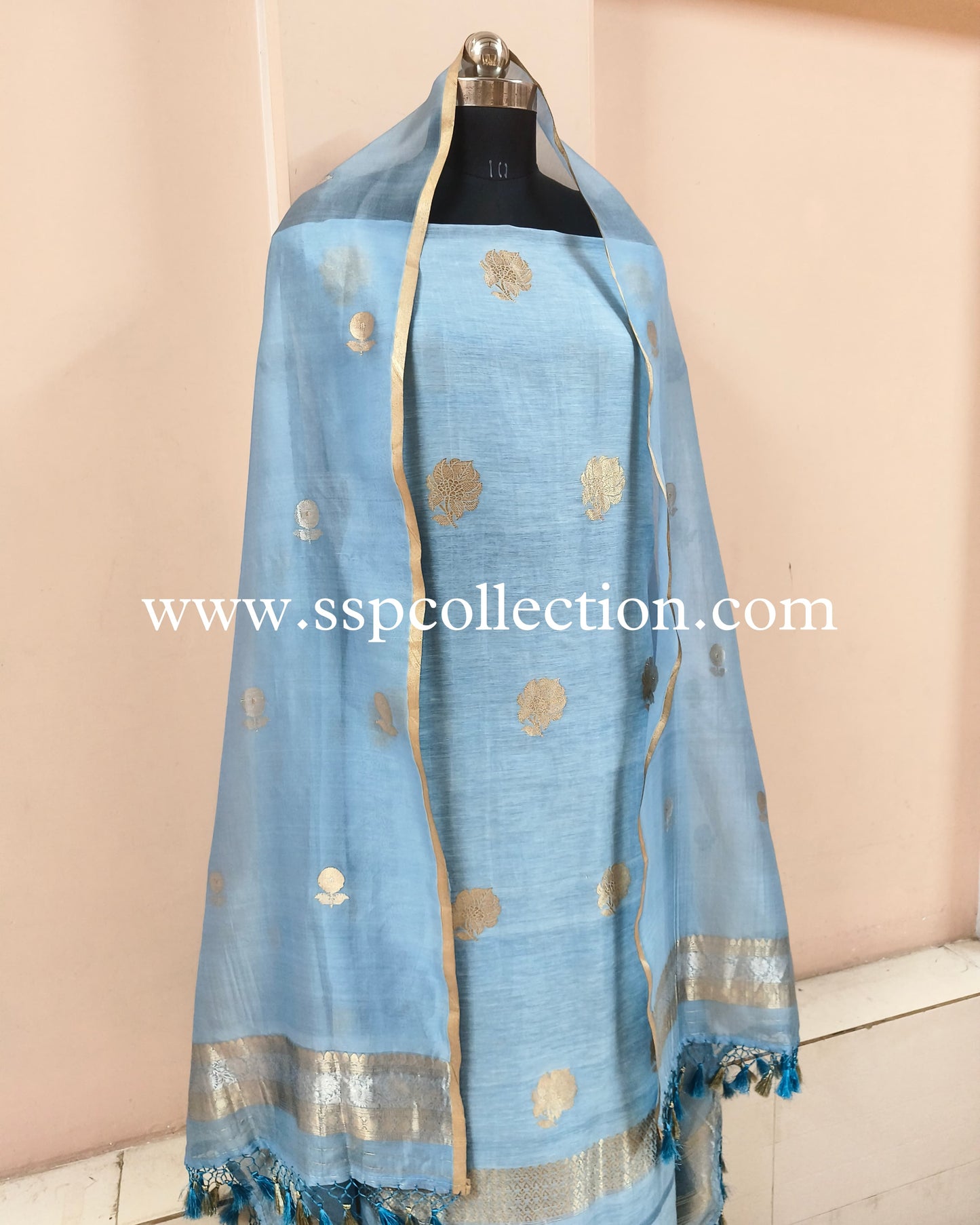 Light-Blue Pure Handwoven Banarasi Suit