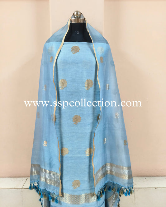 Light-Blue Pure Handwoven Banarasi Suit