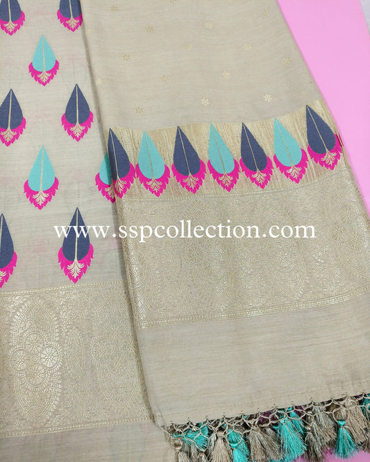 Beige Pure Moonga Silk Tilfi Banarasi Suit