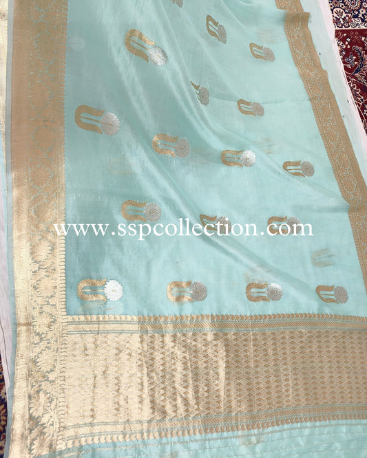 Powder-Blue Pure Kora Silk Banarasi Saree