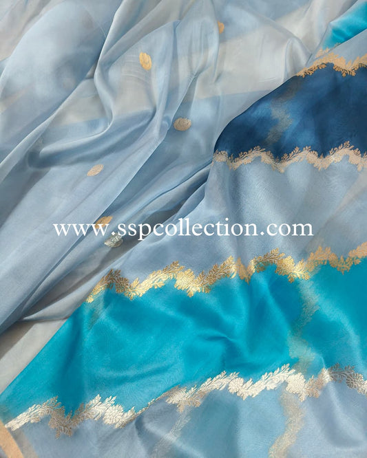Light-Blue-Grey Pure Kora Silk Rangkaat Banarasi Saree