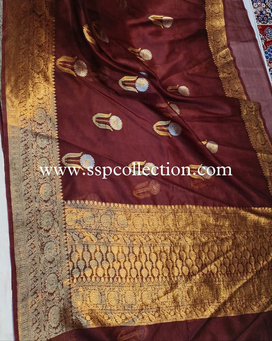 Wine Pure Kora Silk Banarasi Saree