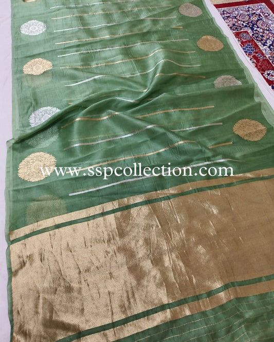 Hazel-Green Pure Kora Silk Banarasi Saree