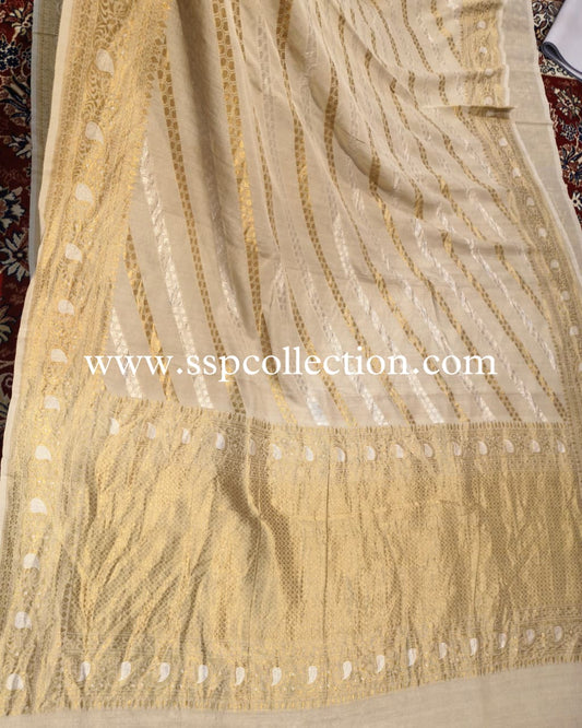 Natural-Beige Pure Tussar Georgette Banarasi Saree