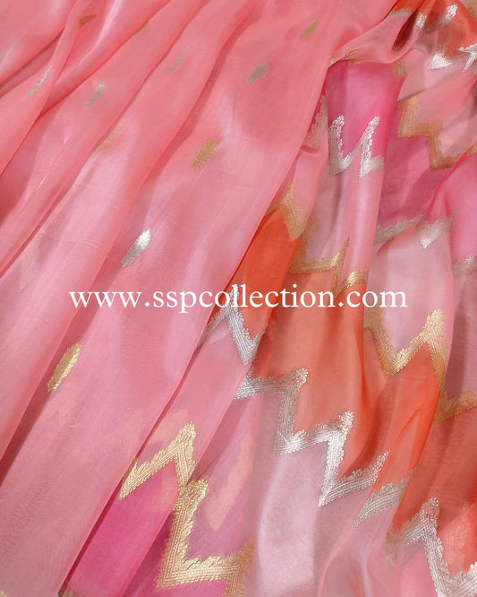 Rose-Pink Pure Kora Silk Rangkaat Banarasi Saree