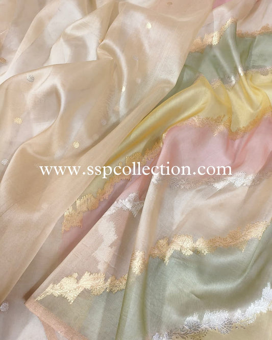 Beige-Gold Pure Kora Silk Rangkaat Banarasi Saree