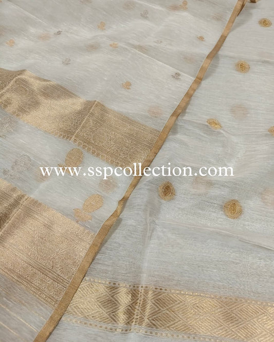White Pure Linen Silk Banarasi Suit