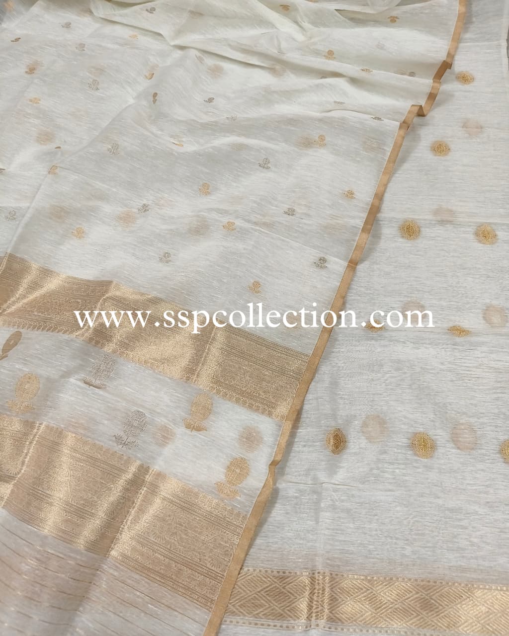 White Pure Linen Silk Banarasi Suit