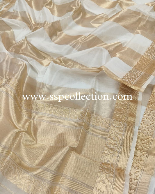 White & Gold Pure Kora Tissue Silk Banarasi Dupatta