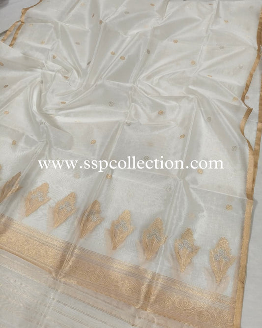 White Pure Kora Silk Banarasi Dupatta
