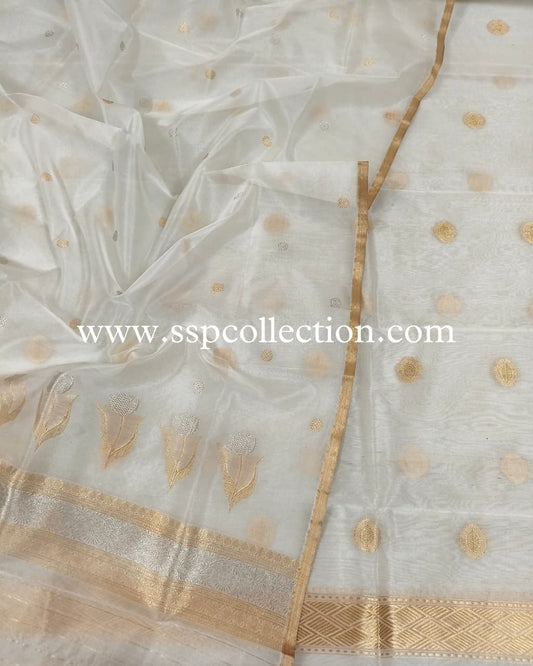 White Pure Kora Silk Banarasi Suit
