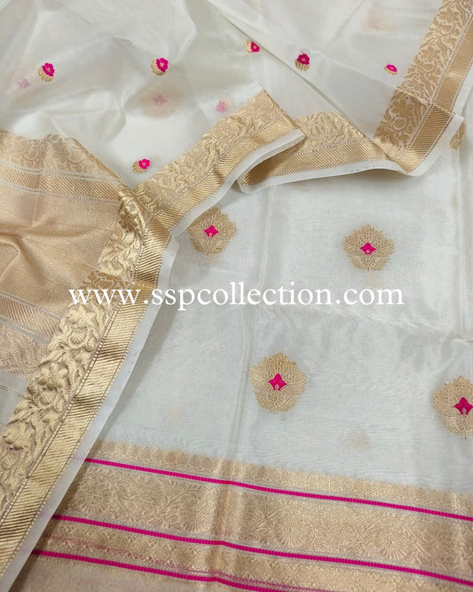 White Pure Kora Silk Banarasi Suit