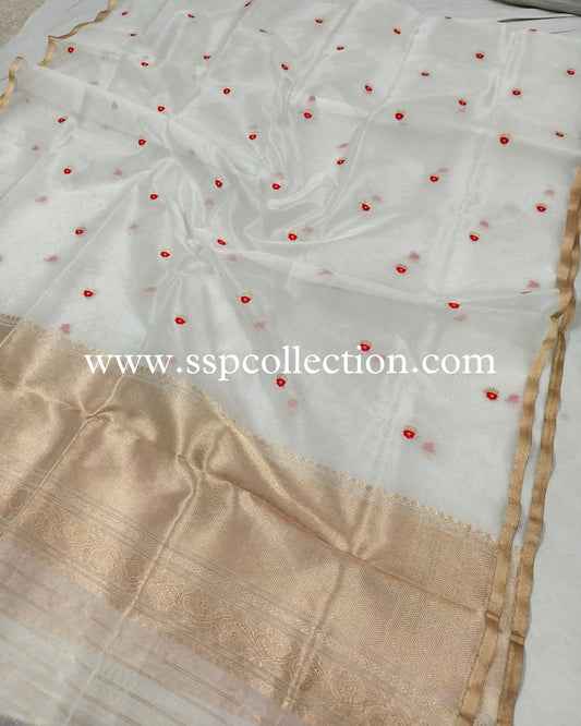 White Pure Kora Silk Meenakaari Banarasi Dupatta