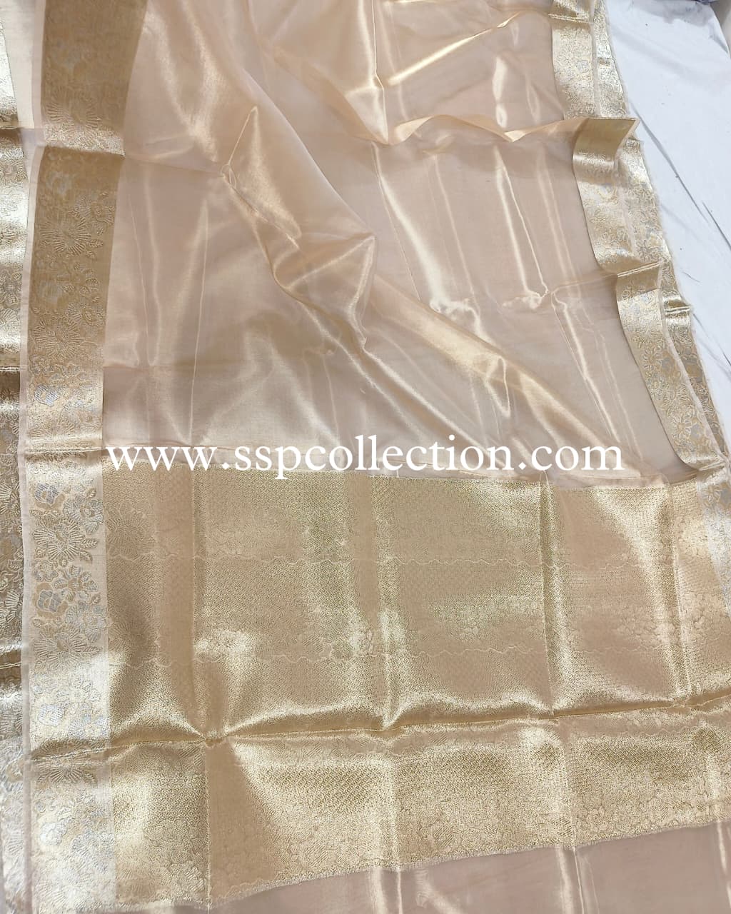 Champagne-Gold Pure Tissue Silk Alfi Banarasi Saree