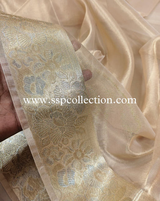 Champagne-Gold Pure Tissue Silk Alfi Banarasi Saree
