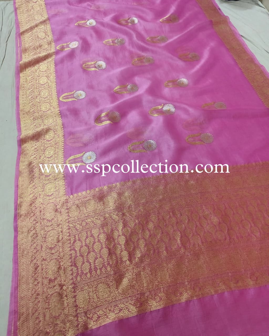 Orchid-Pink Pure Kora Silk Banarasi Saree