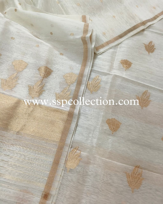 White Pure Linen Silk Banarasi Suit