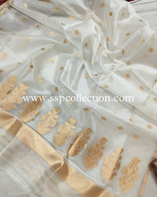White Pure Kora Silk Banarasi Dupatta