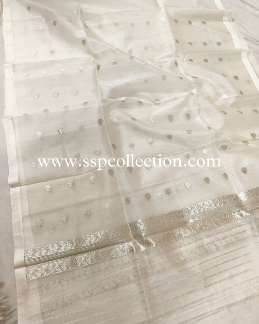 White Pure Kora Silk Banarasi Dupatta
