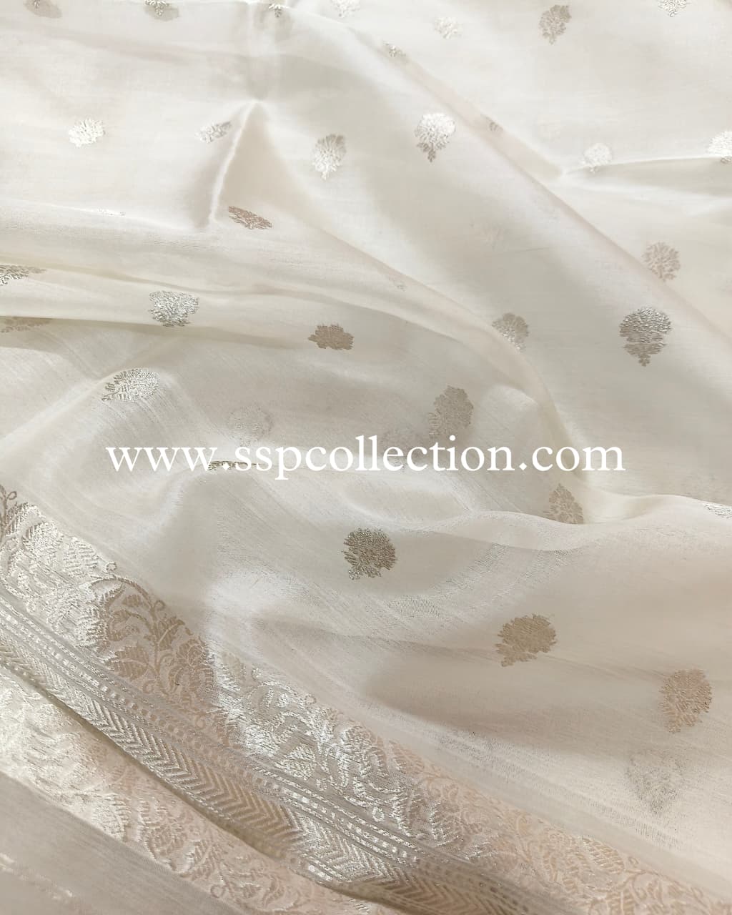 White Pure Kora Silk Banarasi Dupatta