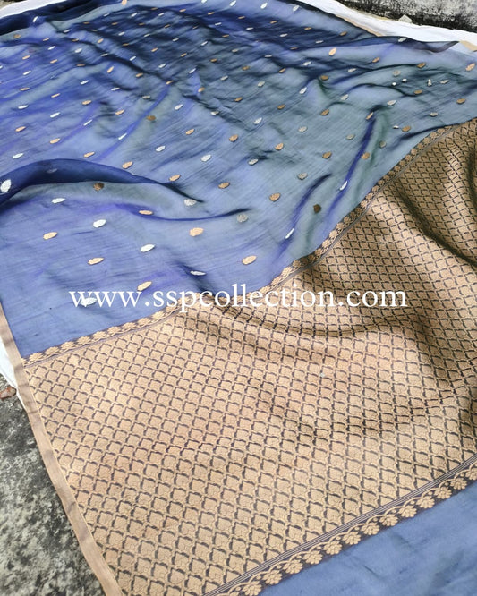 Peacock-Blue Pure Tissue Silk Banarasi Saree