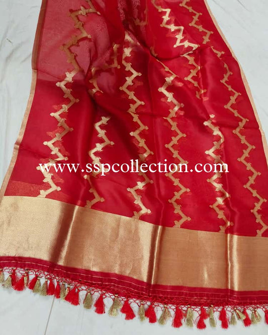 Red Pure Kora Silk Banarasi Dupatta