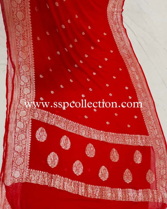 Red Pure Khaddi Chiffon Banarasi Saree