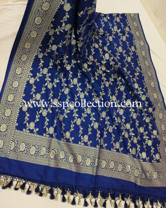 Navy-Blue Pure Moonga Silk Banarasi Dupatta